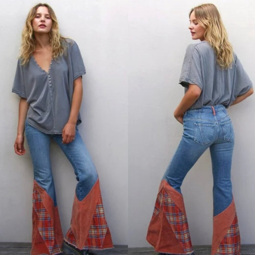 Free People We The Free Flashback Patchwork Flare Jeans Boho Festival Cowgirl 26